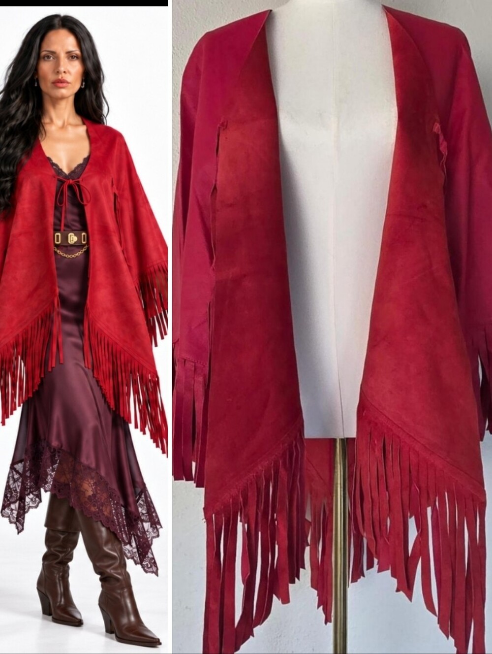 VTG Red Leather Fringe Poncho Cape Western Boho Festival Fringe Shawl Tie O/S